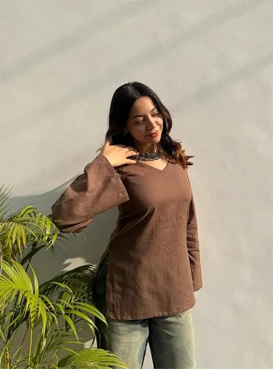 Elegant Brown V-Neck Full Sleeve Casual Kurti Top for Women